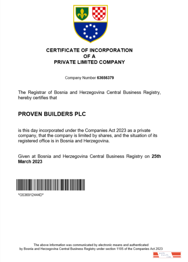 Bosnia and Herzegovina certificate of registration Word and PDF template
